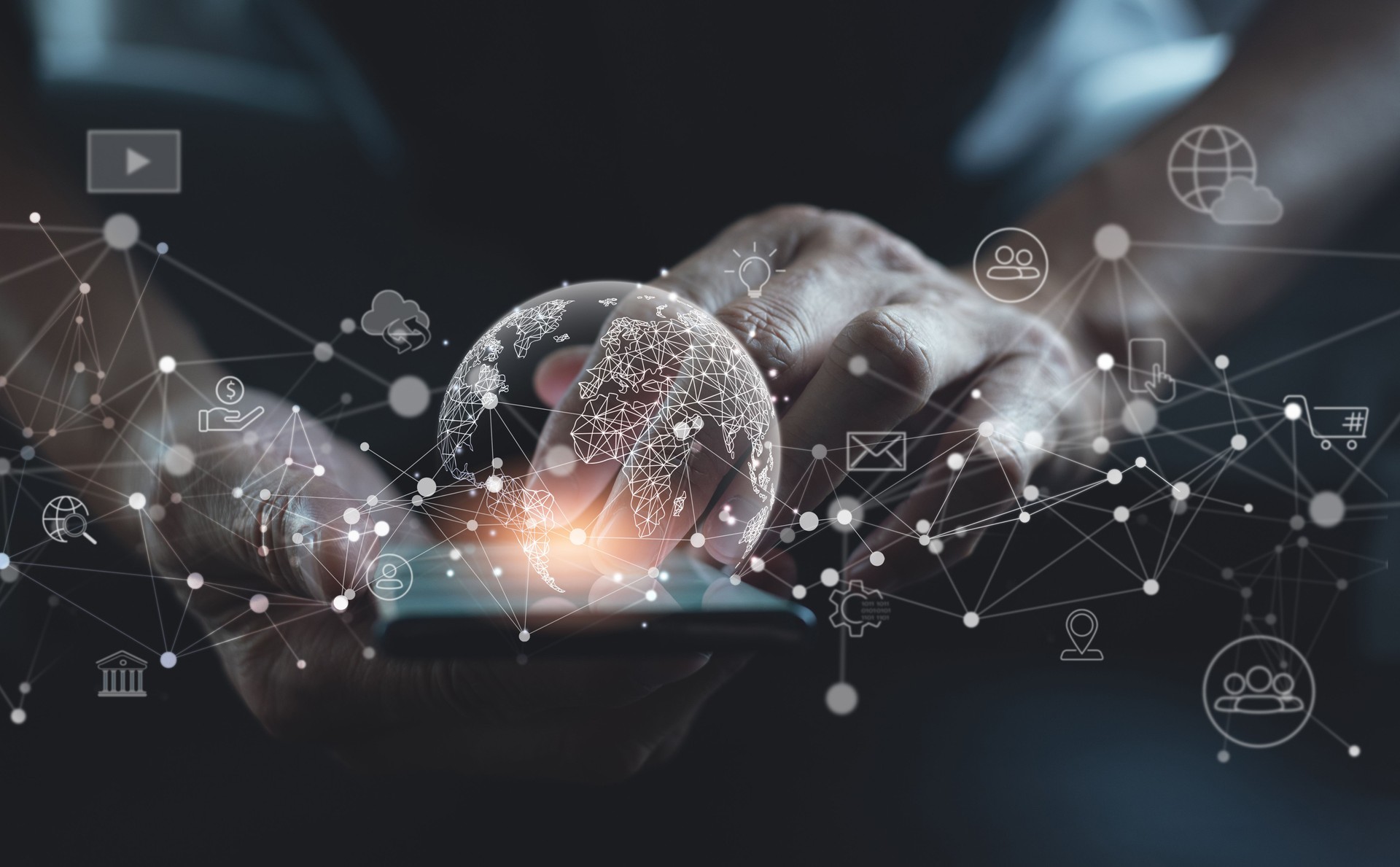 Man using mobile smartphone on global network connection with data exchange. Technology and digital marketing. IoT Internet of Things