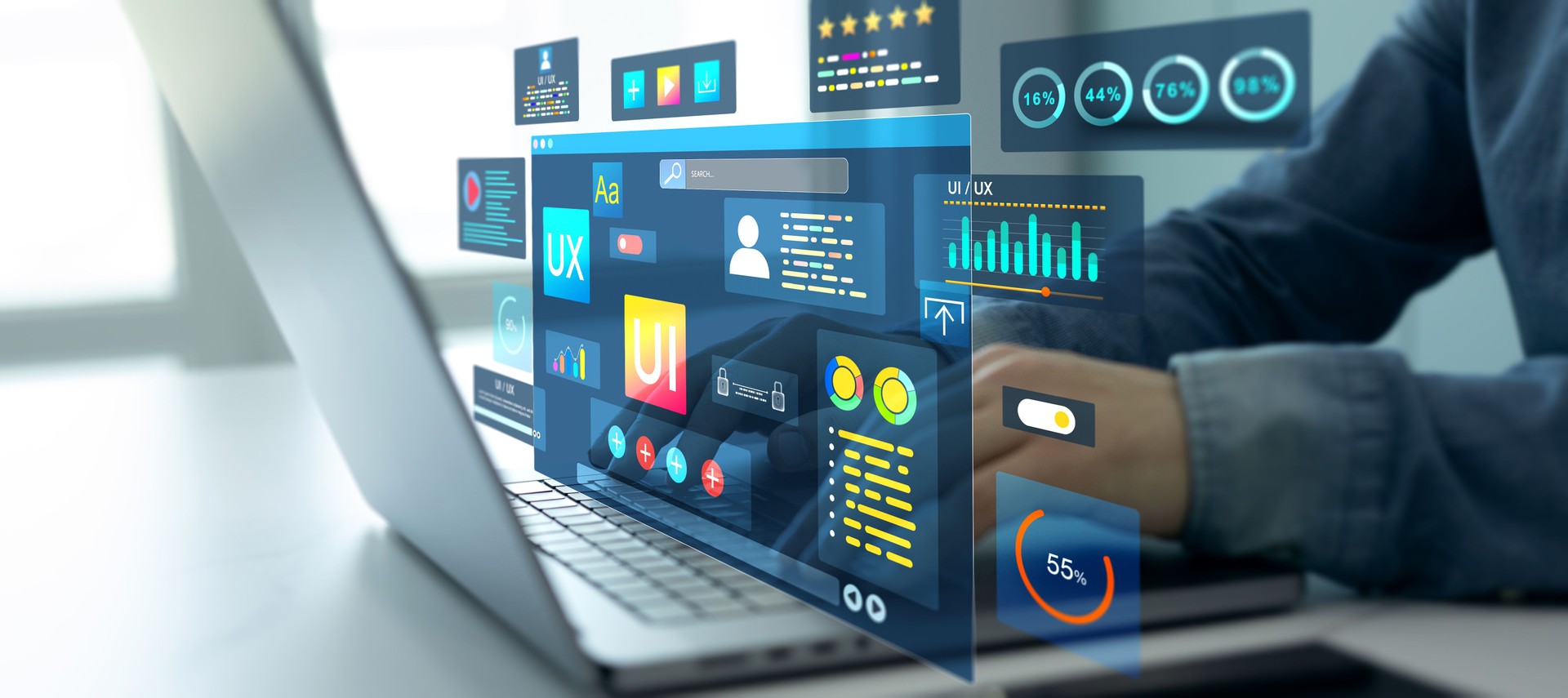 Holographic UIUX, display icons of UX-UI designer, creative planning, data visualization. Web design, application design,coding develop. UX-UI design web and user design development